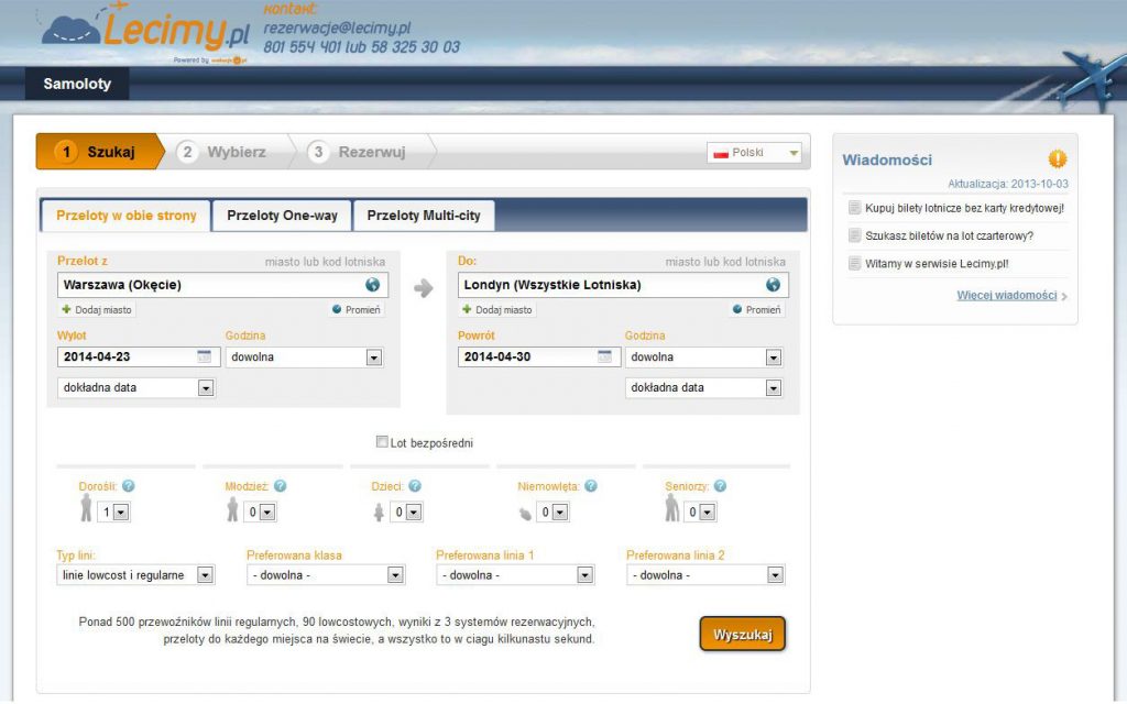 website lecimy.pl one-way flights multi-city charter flights