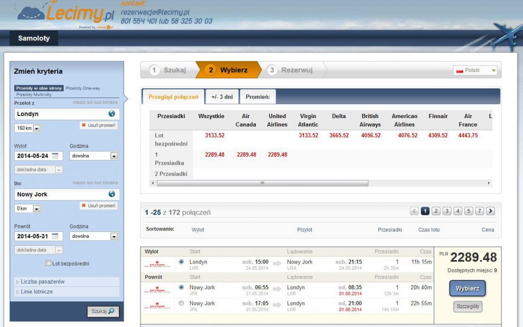 website lecimy.pl planes transfer book payment